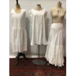 Three Edwardian white cotton dresses with broderie anglaise eyelet embroidery and lace plus three co