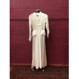 Three vintage wedding dresses, including 1950s satin and lace, 1980s Oyster satin, pointed waistline
