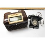 Vintage black bakelite telephone, together with a brown and cream bakelite Bush radio