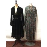 1970's Nette Vouges black velvet cocktail dress with fringing to cuffs and hem plus 1970's printed p