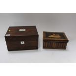 19th century rosewood work box together with a Sorrentoware box (2)
