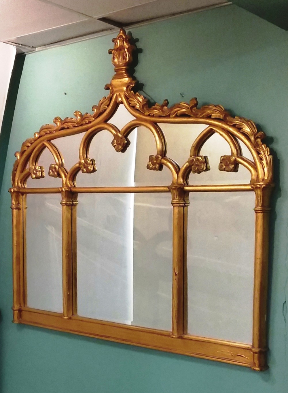 Gothic Style Gilt Overmantle Mirror 150cm W x 147cm H