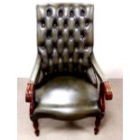 Green Leather Deep Buttoned Armchair 65cm W 76cm D 106cm H