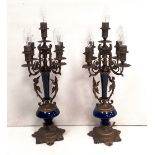 Pair of 19C 5 Branch Gilt & Porcelain Candelabras 20cm SQ x 53cm H