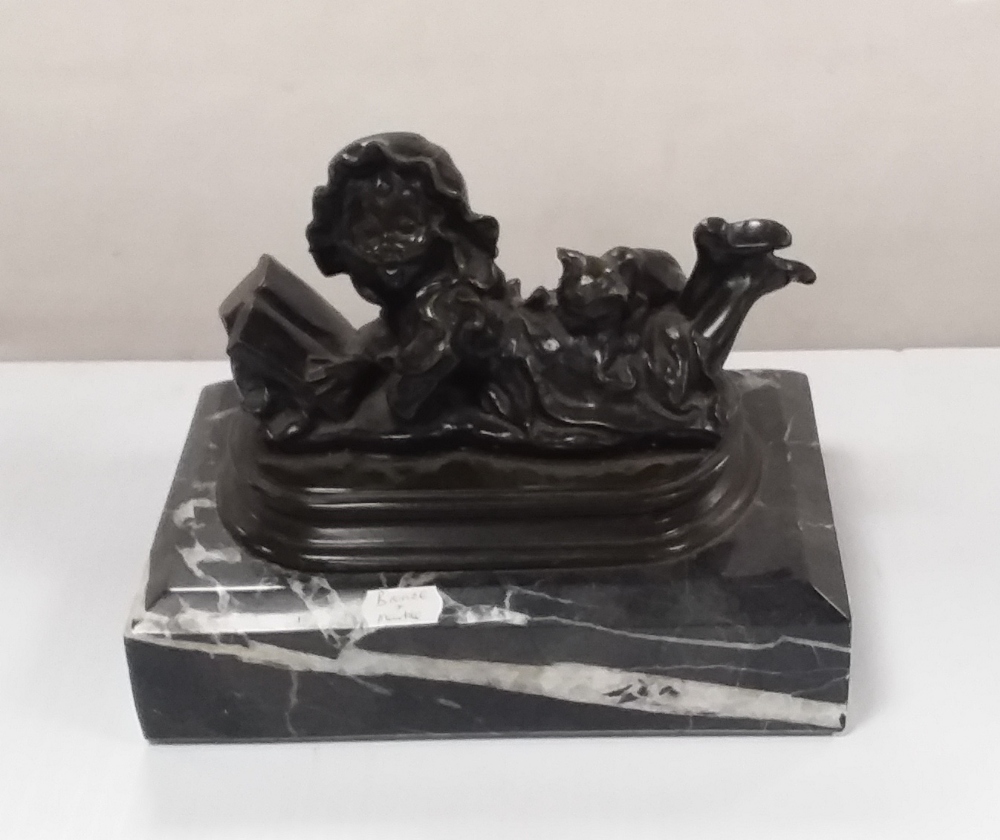 Bronze Figure of a Girl Reading on Marble Base 24cm W 16cm D 18cm H