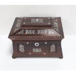 Oriental Inlaid Mother of Pearl & Rosewood 19C Stationery Box with Lift Up Lid and Fitted Interior