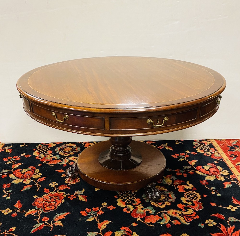 19C Mahogany Drum Table with Satinwood & Flame Mahogany Cross Band with Glass Top 123cm Diam 74cm