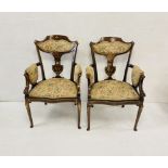 Pair of Late Vict Inlaid Mahogany Upholstered Armchairs