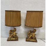 Pair of Very Unusual Cherub Table Lamps on Marble Base