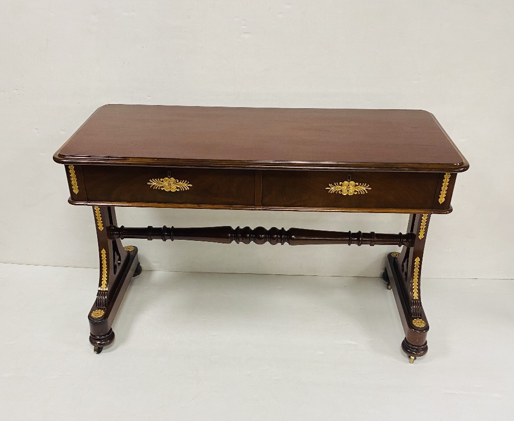 Unusual Early Vict Mahogany Ormolu Mount Console Table with Cross Stretcher Support 118cm W 52cm D