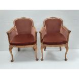 Pair of Walnut Upholstered Tub Chairs