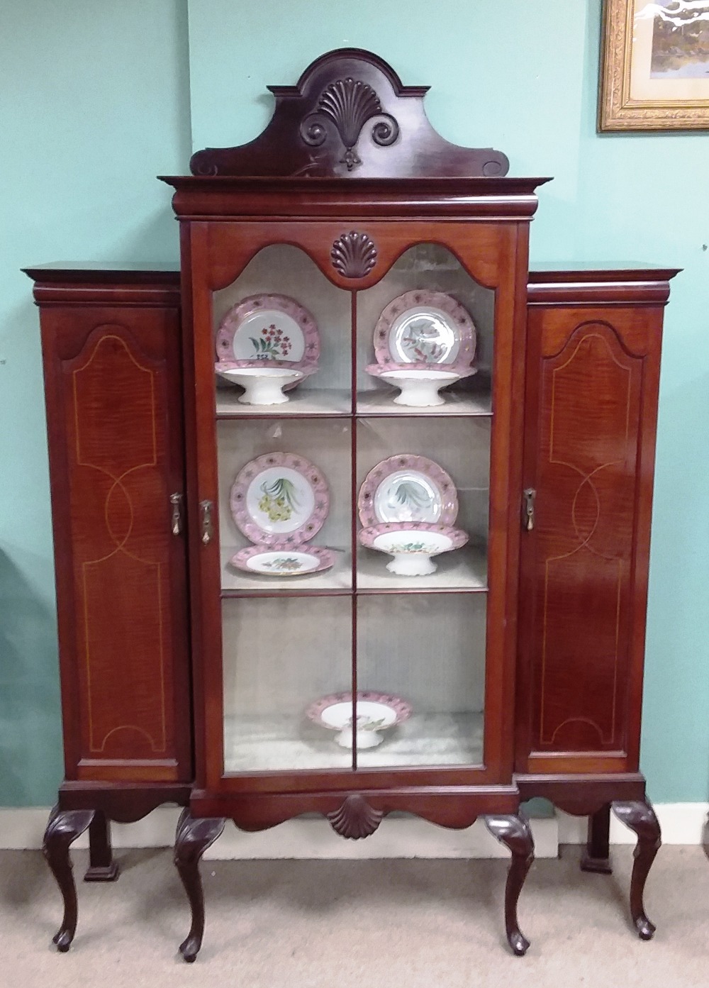 Edw Inlaid Mahogany Breakfront Display Cabinet 138cm W 40cm D 190cm H