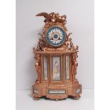 French 19C Gilded Mantel Clock with Hand Painted Serves