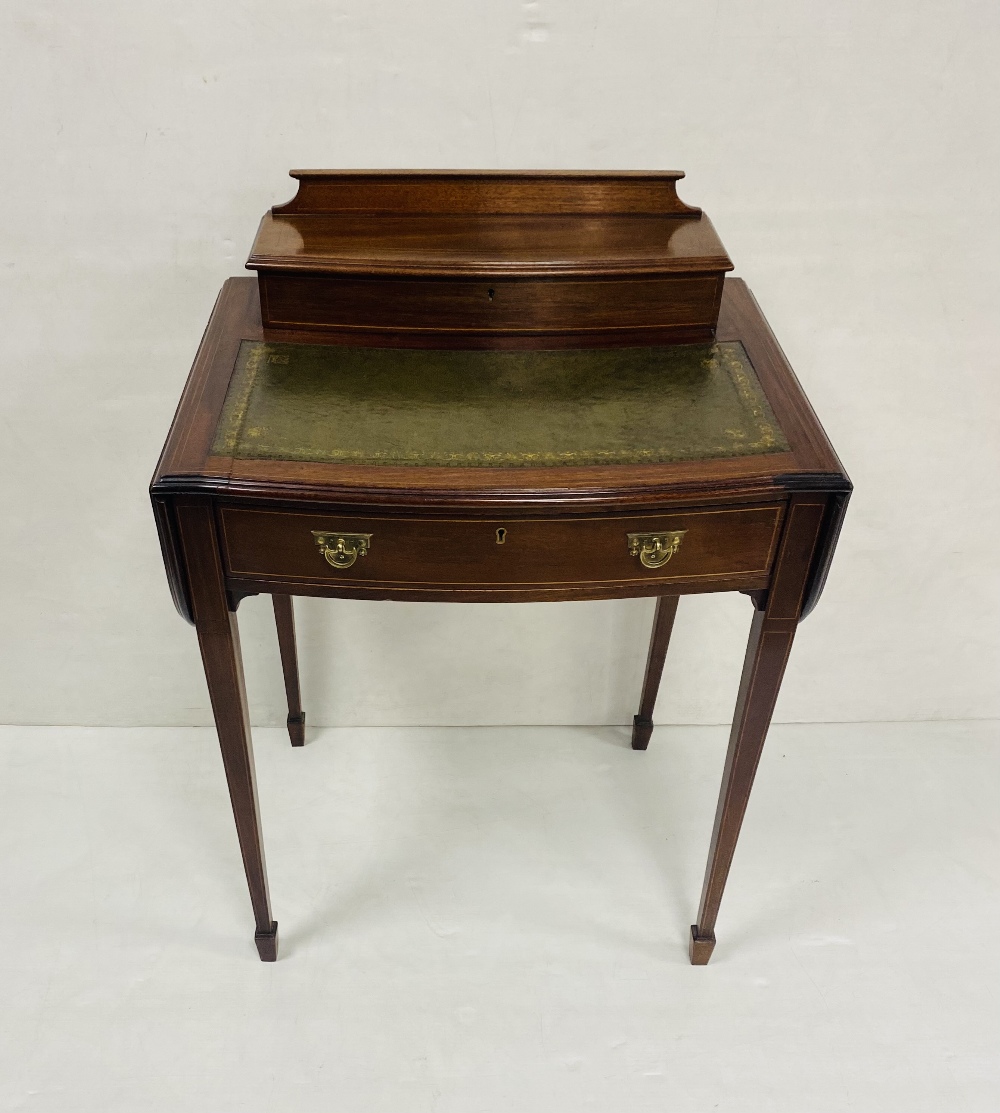 Pretty Edw Inlaid Mahogany Drop Leaf Ladies Desk 100cm W 47cm D 85cm H ( with Leaves Up)