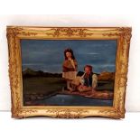 Gilt Framed Oil on Board Boy & Girl Fishing 48cm W x 38cm H
