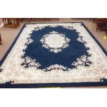 Almost New Chinese Wool Rug with Navy & Cream Border,