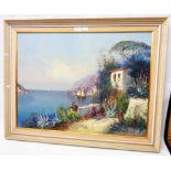 A vintage framed oil on canvas, depicting a Mediterranean coastal scene - indistinctly signed
