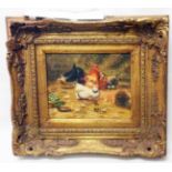A damaged ornate gilt framed reproduction oil on board, depicting chickens and chicks