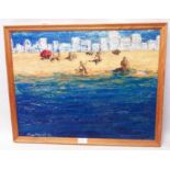 A framed mixed media painting, depicting a beach scene - indistinctly signed and dated '93