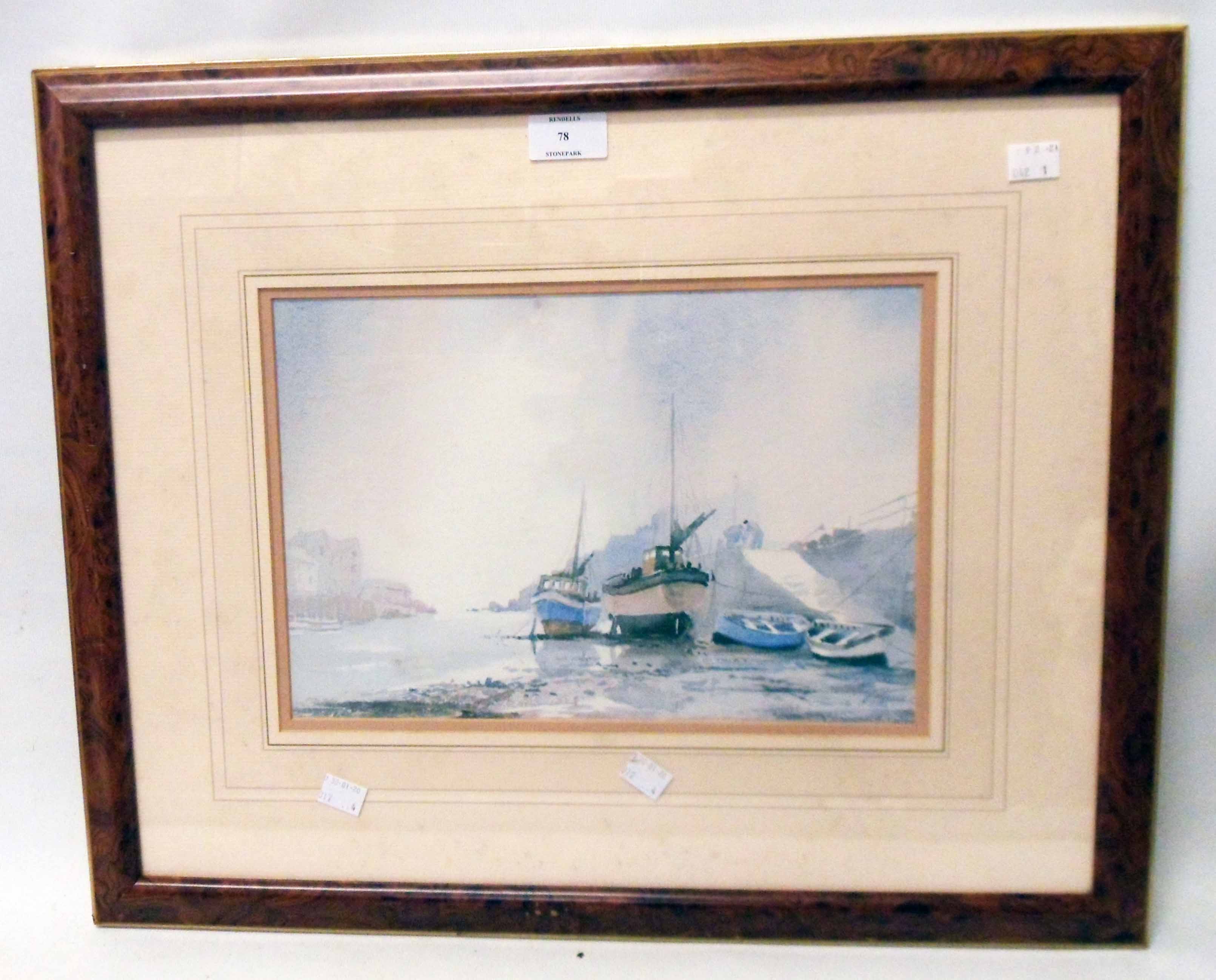 Claude Kitto: a framed faded coloured print, depicting a harbour scene