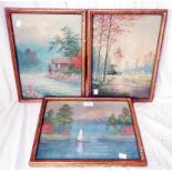 Three matching gilt framed Japanese view hand finished coloured prints - two marked T. Moto