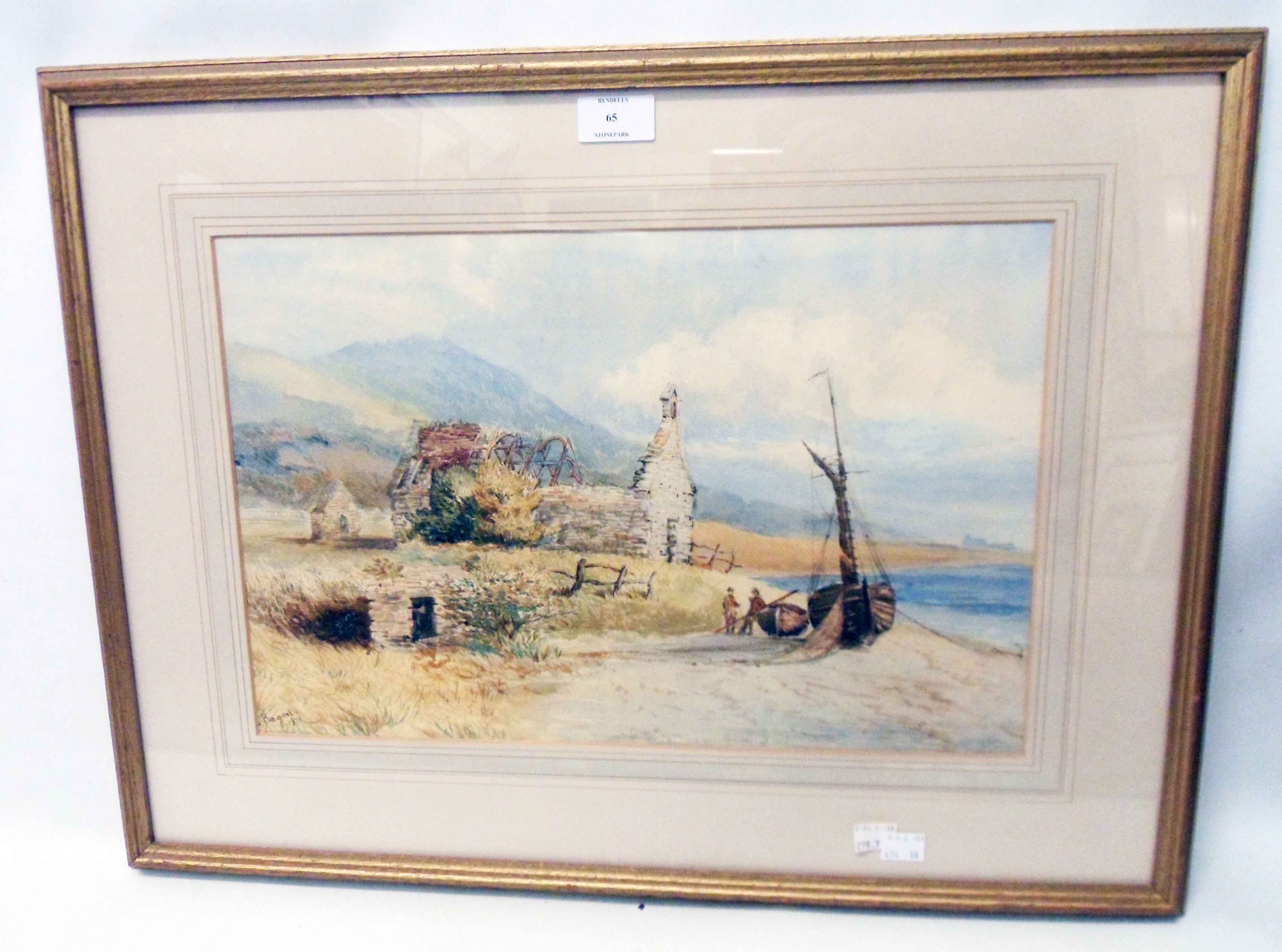 Ragon: a gilt framed watercolour, depicting a ruined coastal building and figures on a beach