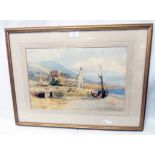 Ragon: a gilt framed watercolour, depicting a ruined coastal building and figures on a beach