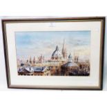 A framed coloured print, depicting cathedral spires and other rooftops