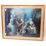 A gilt framed faded to blue coloured print, depicting a music group