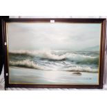 C. Bennett: a large framed modern oil on canvas, depicting crashing waves
