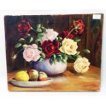 J Reynoldes: an unframed oil on canvas still life with bowls of roses and apples - signed