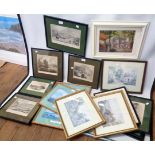 A collection of framed, foxed bookplates, other faded prints, etc.