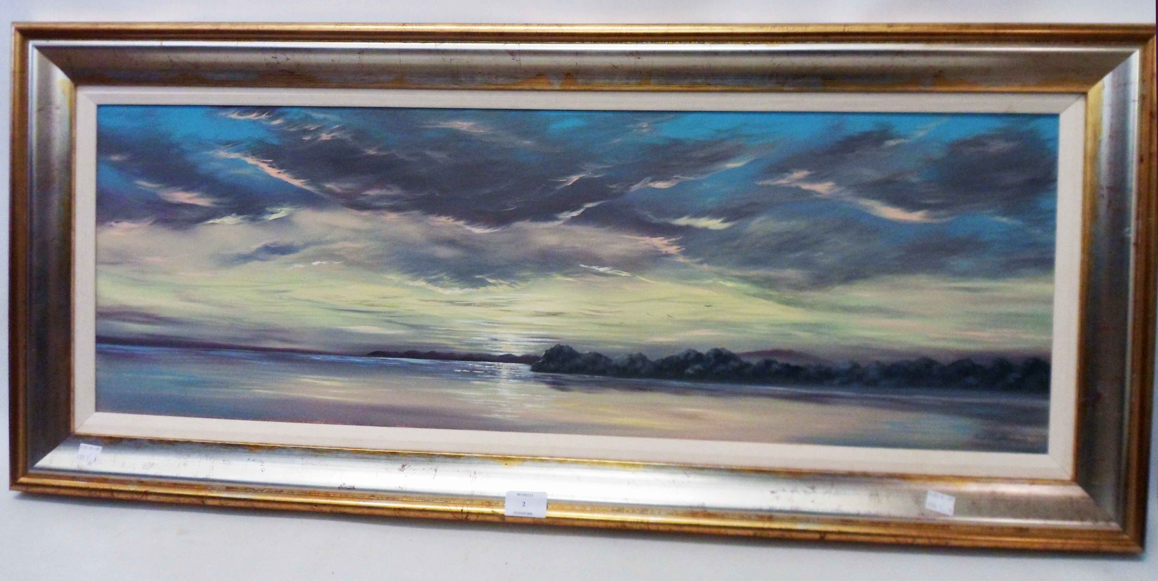 E. J. Matthews: a framed modern oil on canvas, depicting a panoramic view of a tranquil coast -