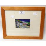 M Parris: a framed miniature polychrome print, entitled Totnes Across the Bridge - signed in