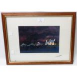 Stan Rosenthal: a framed coloured print, depicting cottages and other buildings in dark palette -