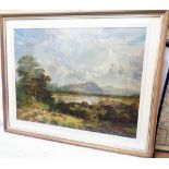 A large framed coloured print, depicting a river landscape with figures and cattle in foreground,