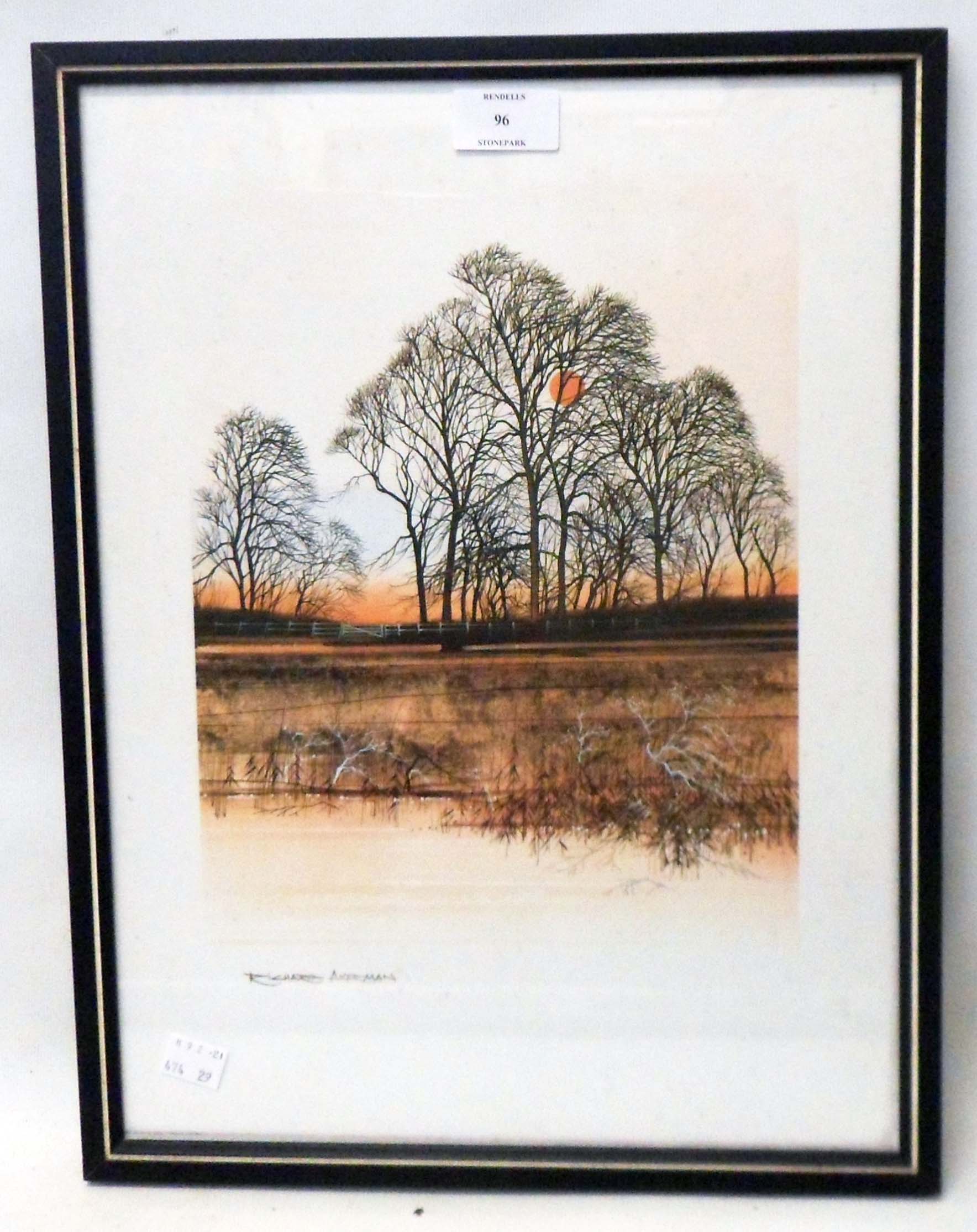 Richard Akerman: a framed coloured print, depicting winter trees