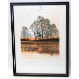 Richard Akerman: a framed coloured print, depicting winter trees
