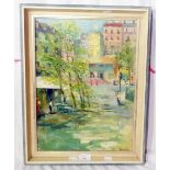 A 20th Century oil painting on canvas of a continental townscape with figures and trees - signed