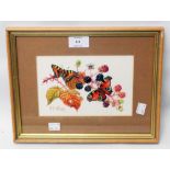 Marjorie Blamey: a small gilt framed watercolour study of butterflies on brambles - signed