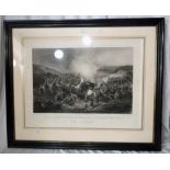 A framed large format monochrome engraving, depicting the death of General Cathcart