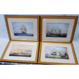 Four matching framed modern maritime prints, all depicting 19th Century sailing vessels