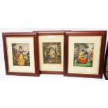 Three matching framed 19th Century coloured engravings, depicting various figures - some foxing