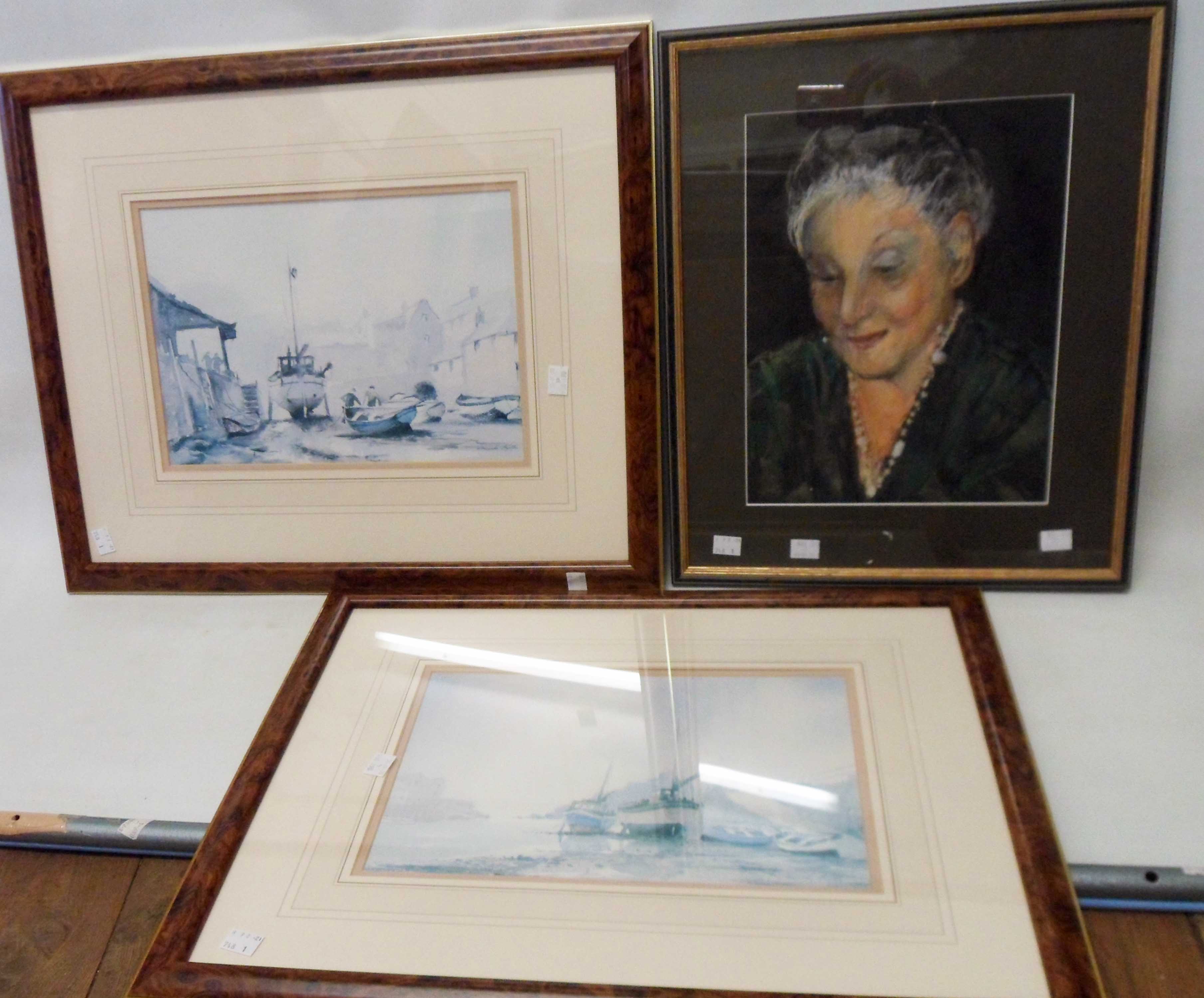 A framed gouache portrait of a lady - sold with two decorative framed Claude Kitto faded harbour
