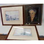 A framed gouache portrait of a lady - sold with two decorative framed Claude Kitto faded harbour