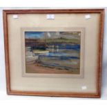 A framed pastel drawing, depicting a beached and moored dinghies and other small craft