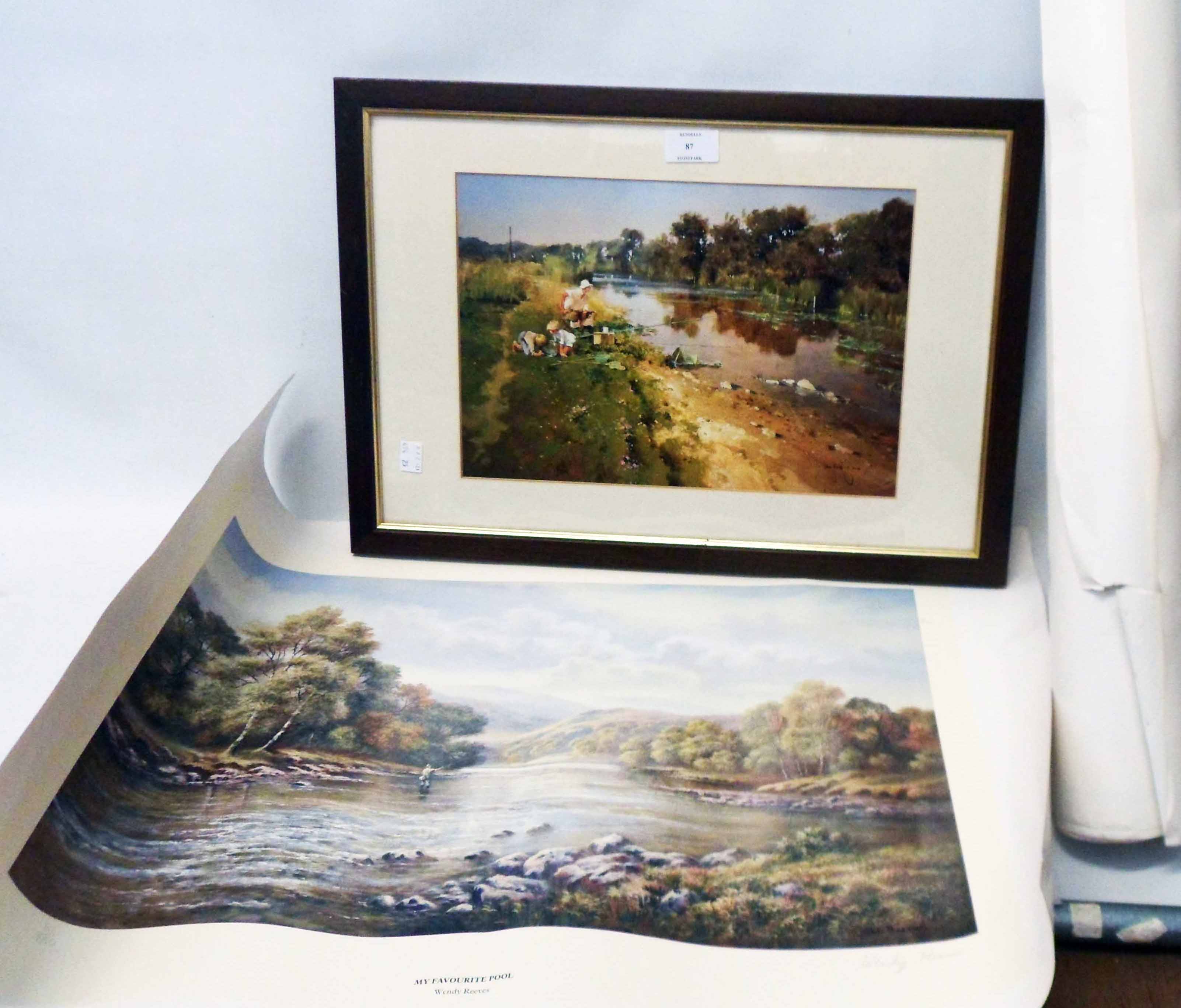 A framed coloured print, depicting figures fishing by a river - sold with four unframed rolled