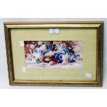 A gilt framed coloured print, depicting teapots and flowers on a table