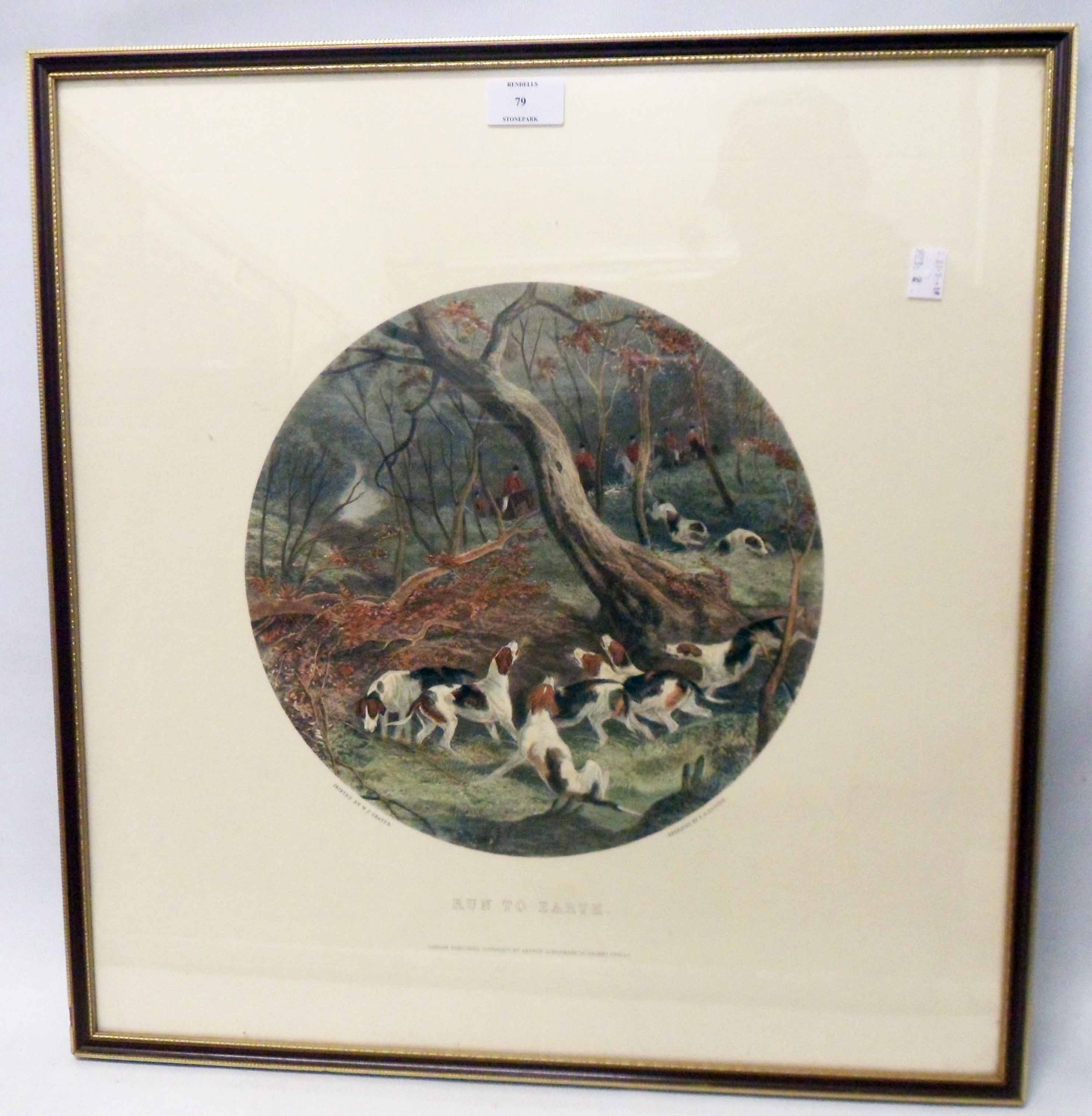 After W. J. Shayer: a framed circular image coloured hunting print, entitled Run to Earth