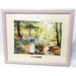 A framed coloured print, depicting women picking bluebells - slipped in frame